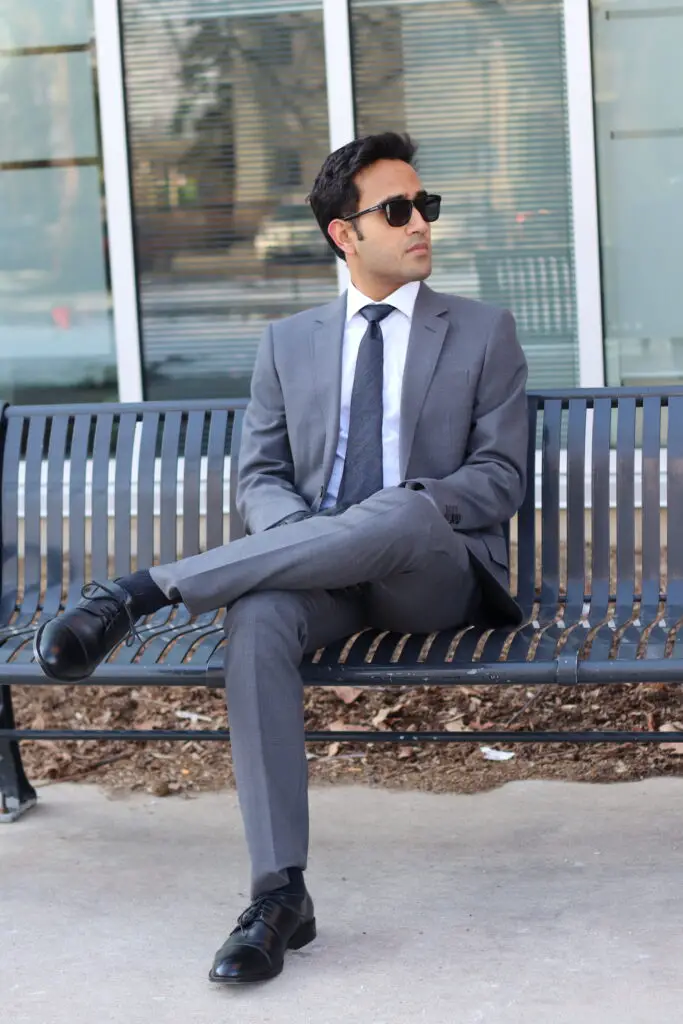 grey suit with grey tie white dress shirt with black dress shoes, How to Dress Better for Guys 