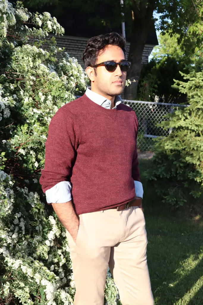 khaki pants with maroon sweater and dress shirt