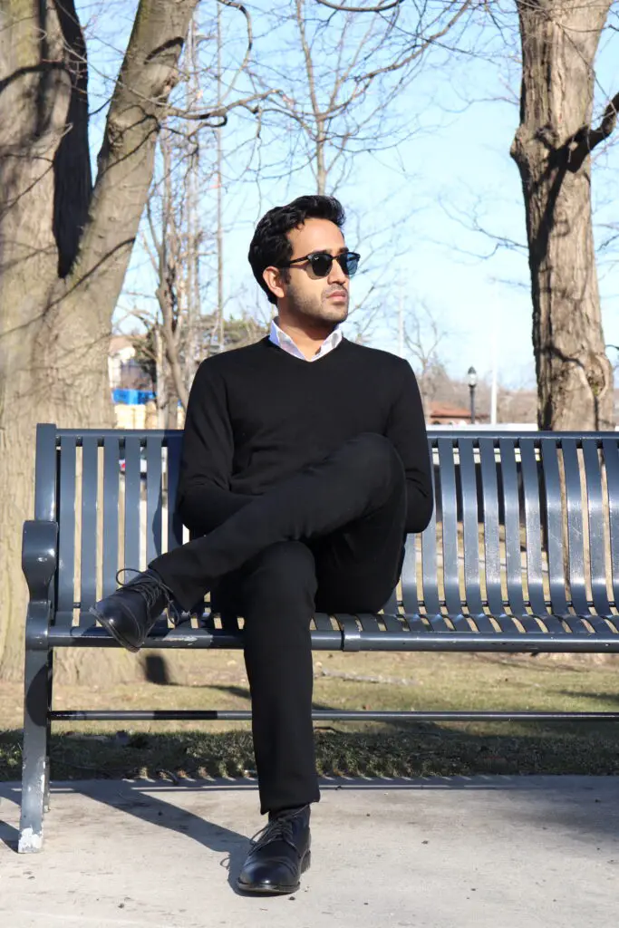 black sweater with black jeans black derby shoes white dress shirt , business casual outfit 