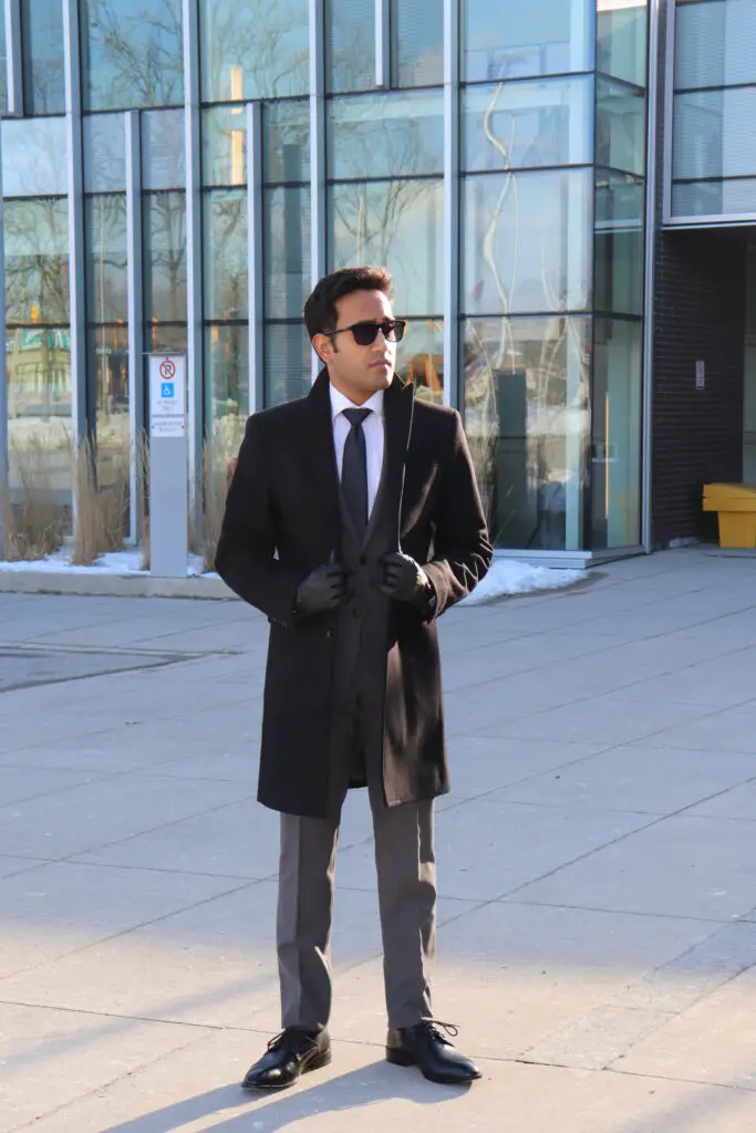 black topcoat with grey suit with dress shirt and black dress boots, business casual attire , busines casual jackets