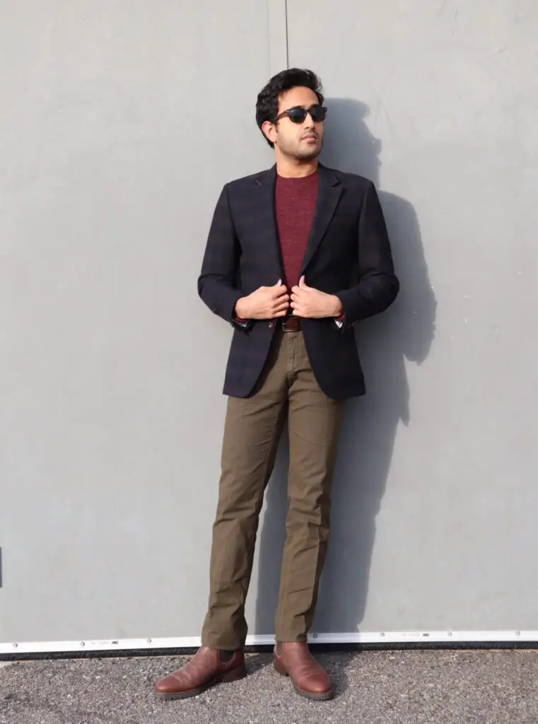 maroon sweater with green chinos brown Chelsea boots and wool  suit jacket 