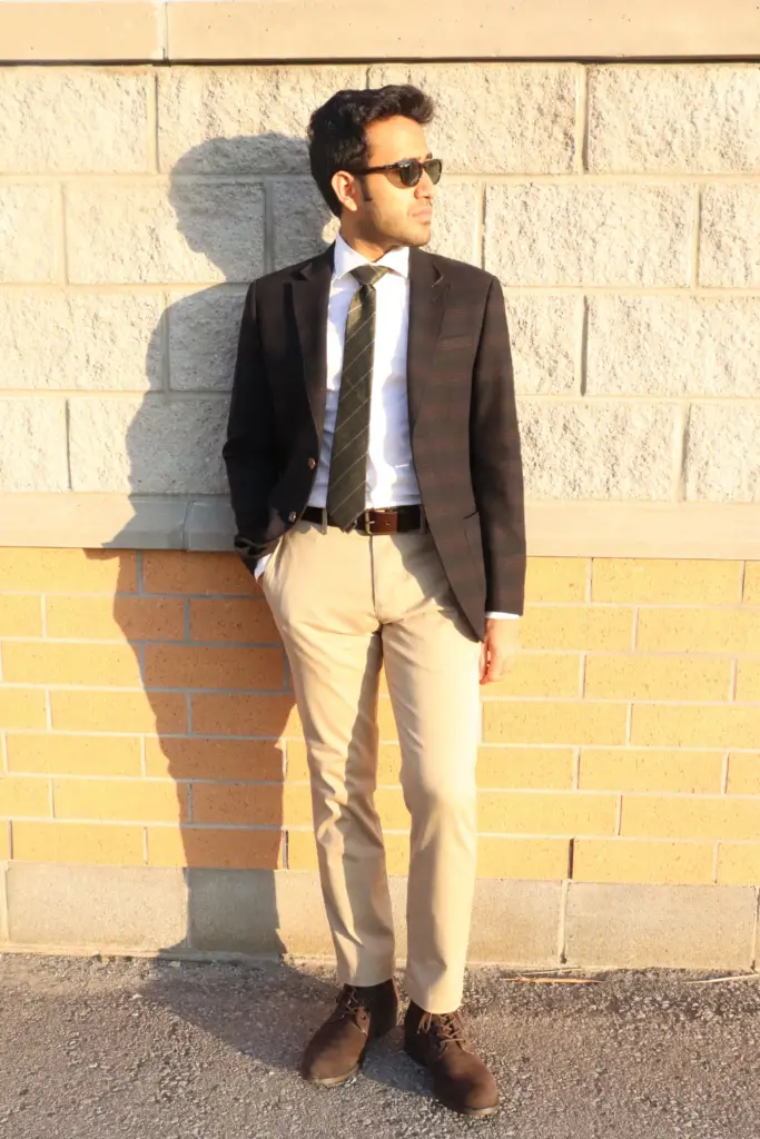 white dress shirt with wool checkered blazer khakhi pants and brown boots , dress for a job interview 