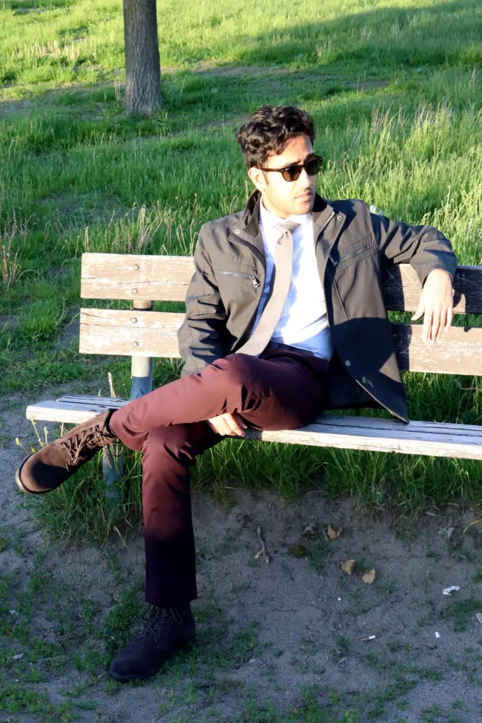 field jacket with white dress shirt maroon chino pants and brown boots , business causal jackets 