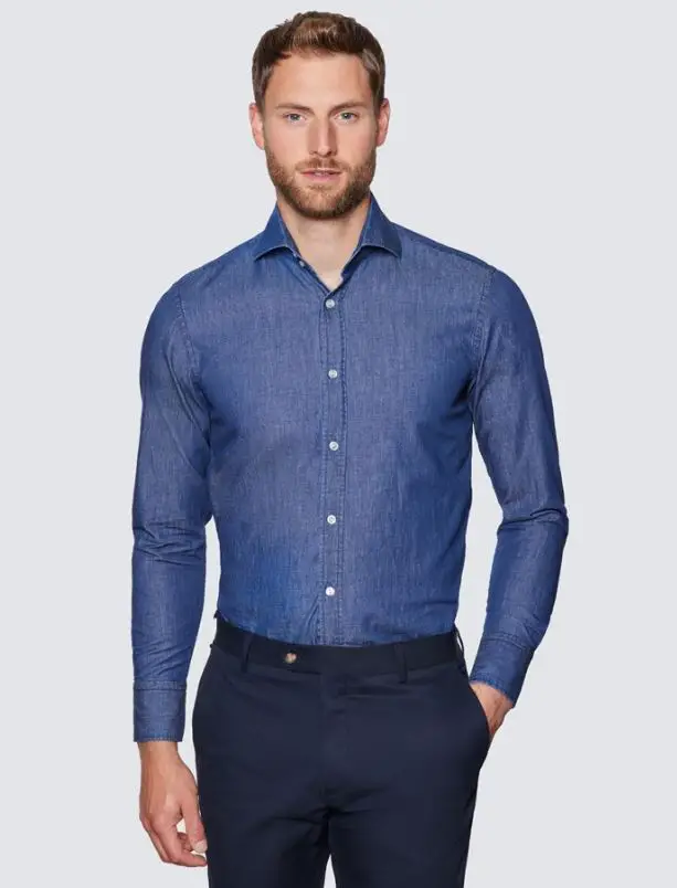 dark blue denim shirt , Denim Shirt Outfits