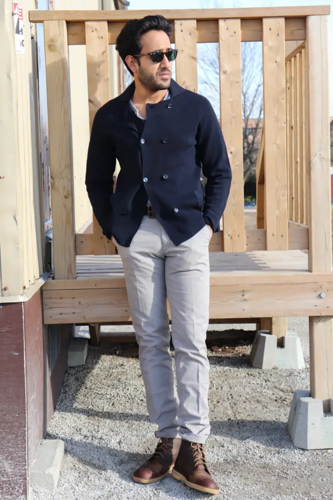 blue cardigan with grey pants and brown boots , how to wear a cardigan 