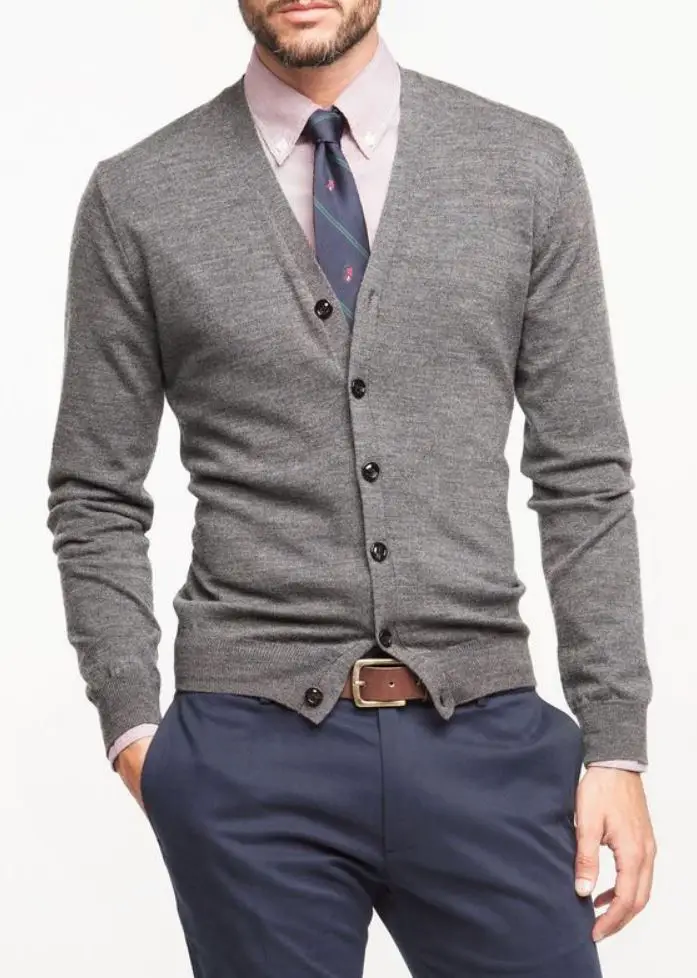 grey cardigan with blue dress pants brown belt and pink dress shirt , how to style a cardigan 